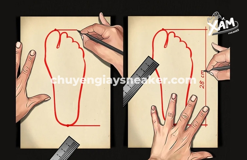Tiến hành đo chiều dài bàn chân trên mặt phẳng đã vẽ